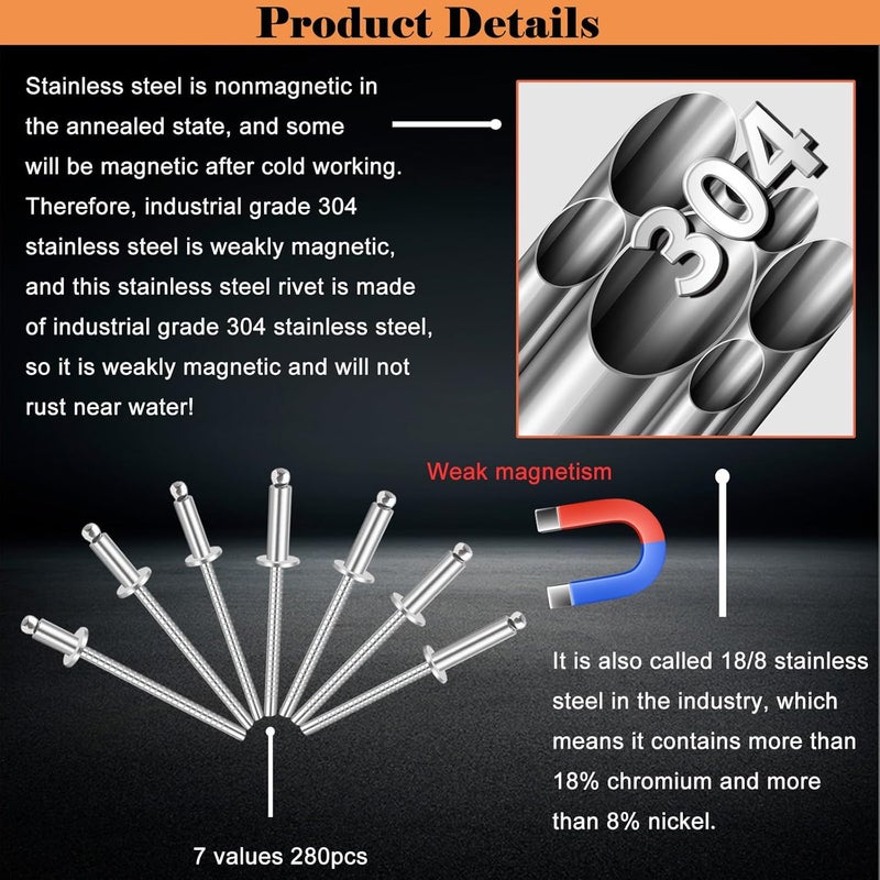 Sunxeke 100pcs 1/8 x 3/8 inch 304 Stainless Steel Pop Rivets, 3.2 x 10mm Blind Rivets for DIY/Automotive Repairs/Furniture - Image 5